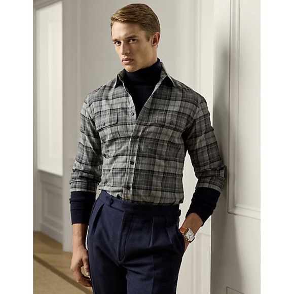 Ralph Lauren Purple Label Plaid Twill Shirt Men XL Grey Long Sleeve NWT $495